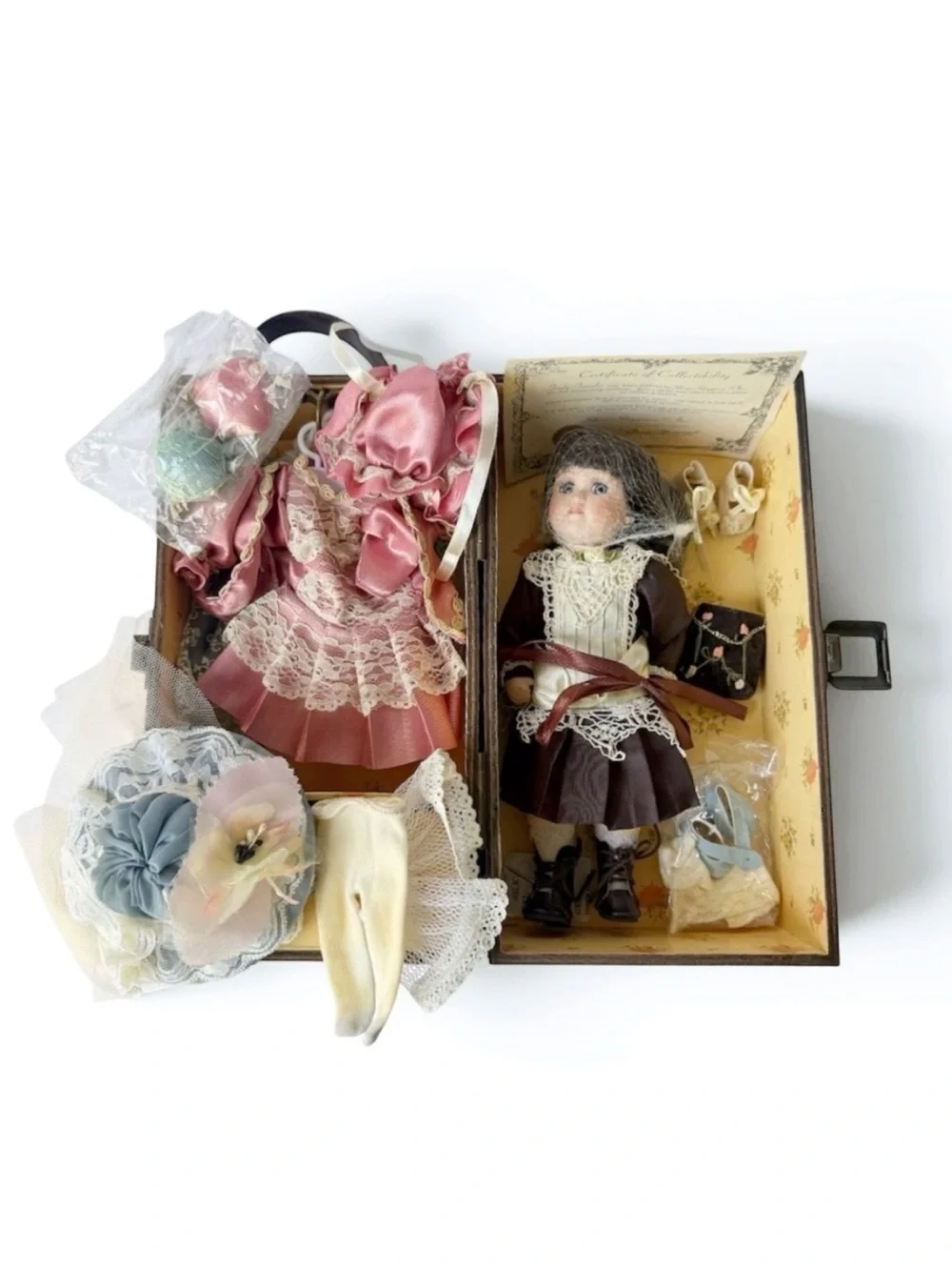 Trudy Traveler Brunette Porcelain Doll with Dresses Accessories Wooden Trunk - Picture 1 of 13